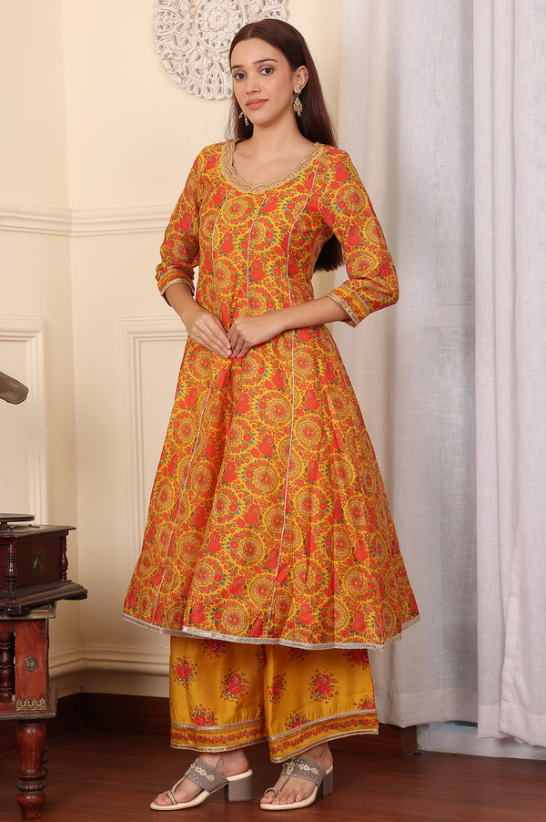 Mustard Yellow Floral Printed Chanderi Anarkali Kurta With Embroidery, Flared Pants And Dupatta Set