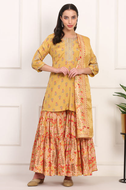 Yellow Embroidered Straight Shantung Kurta with Sharara and Dupatta Set