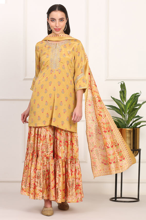 Yellow Embroidered Straight Shantung Kurta with Sharara and Dupatta Set