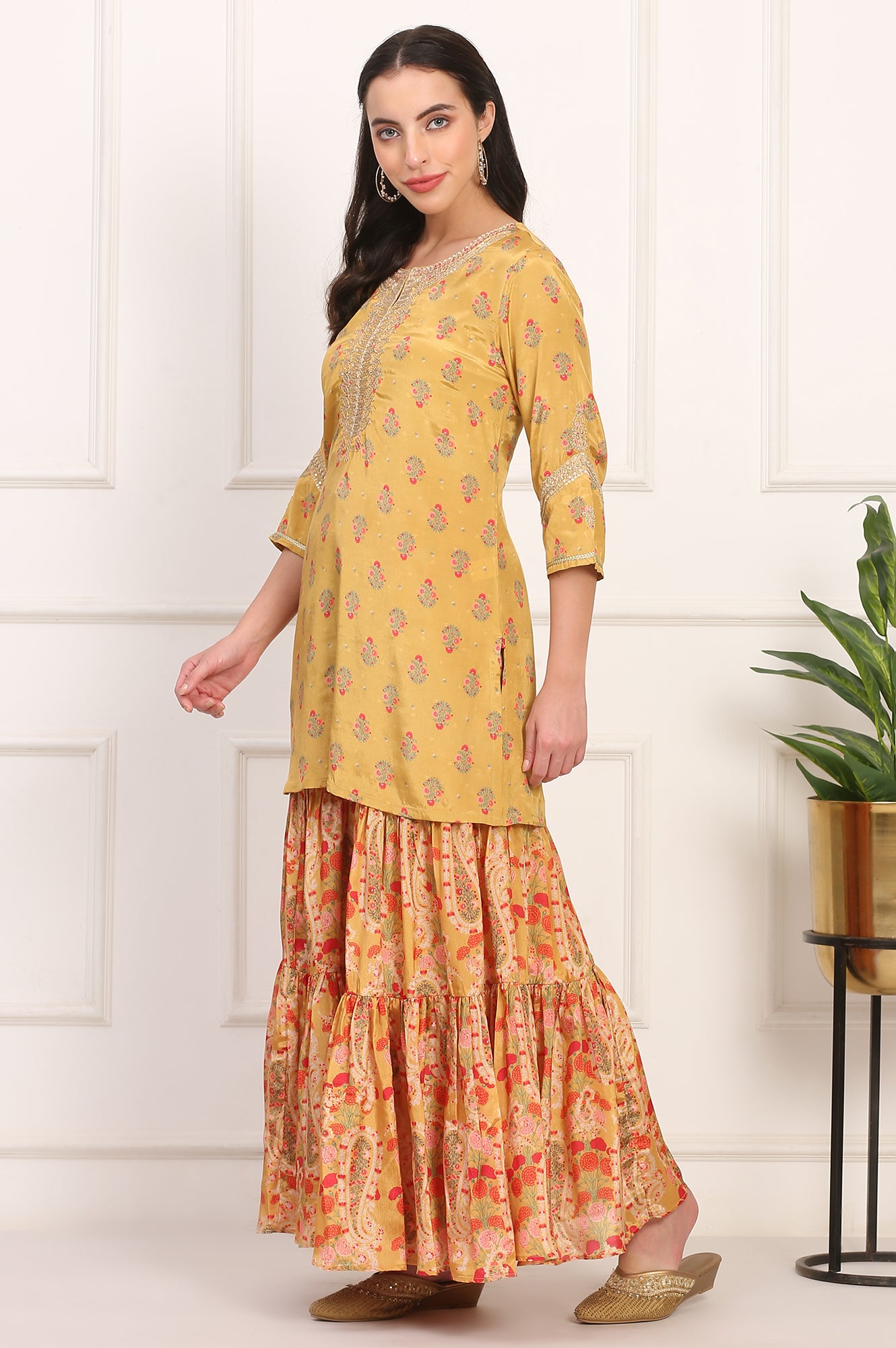 Yellow Floral Printed Metallic Embroidery Flared Kurta, Sharara and Dupatta Set