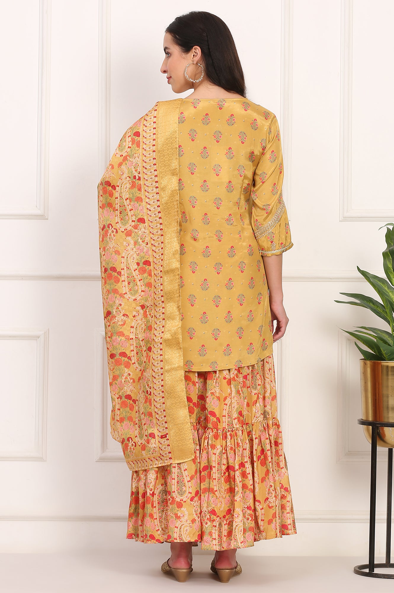 Yellow Embroidered Straight Shantung Kurta with Sharara and Dupatta Set