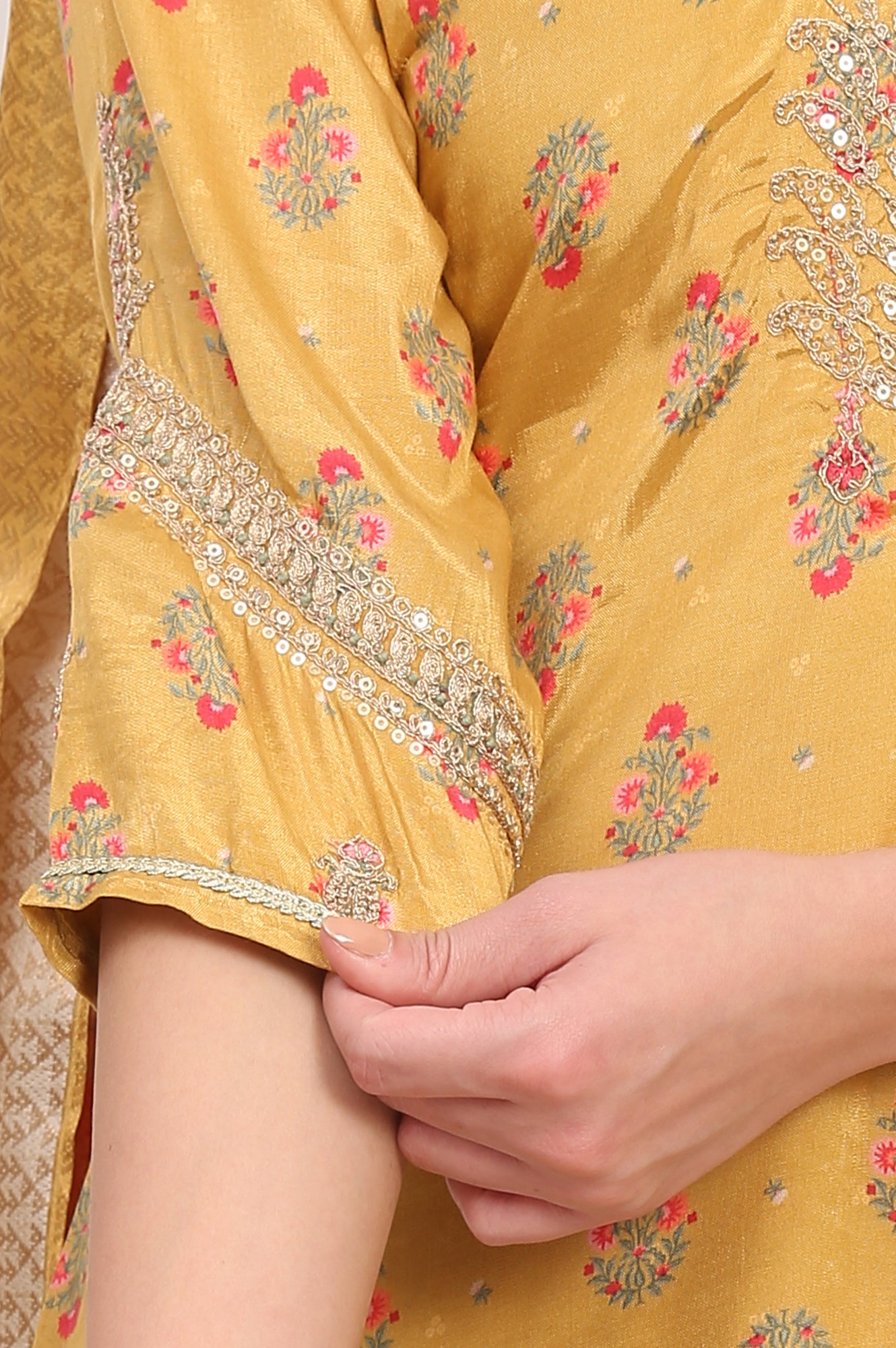 Yellow Embroidered Straight Shantung Kurta with Sharara and Dupatta Set