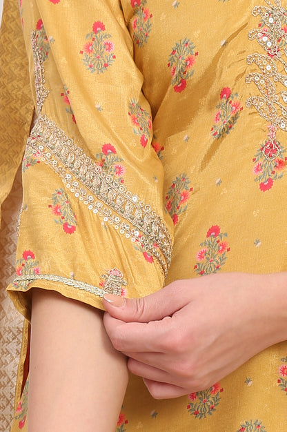 Yellow Embroidered Straight Shantung Kurta with Sharara and Dupatta Set