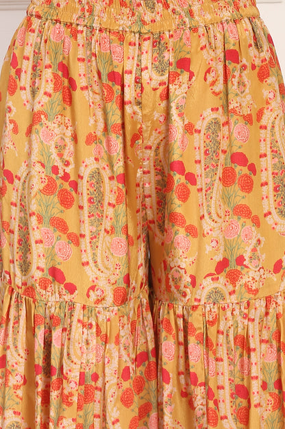 Yellow Floral Printed Metallic Embroidery Flared Kurta, Sharara and Dupatta Set