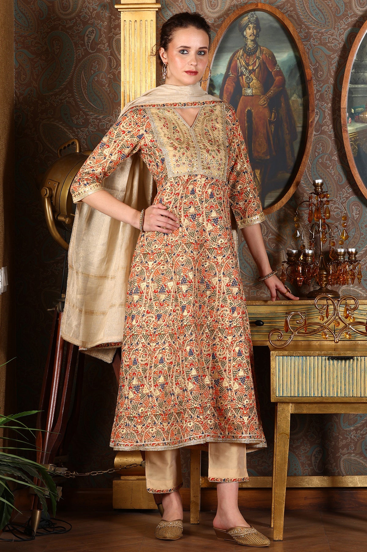Cream Floral Printed Sequined Kota Flared Kurta, Pants And Dupatta Set - XS
