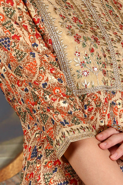 Cream Floral Printed Sequined Kota Flared Kurta, Pants And Dupatta Set