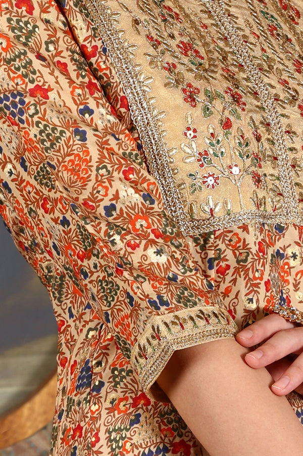 Cream Floral Printed Sequined Kota Flared Kurta, Pants And Dupatta Set