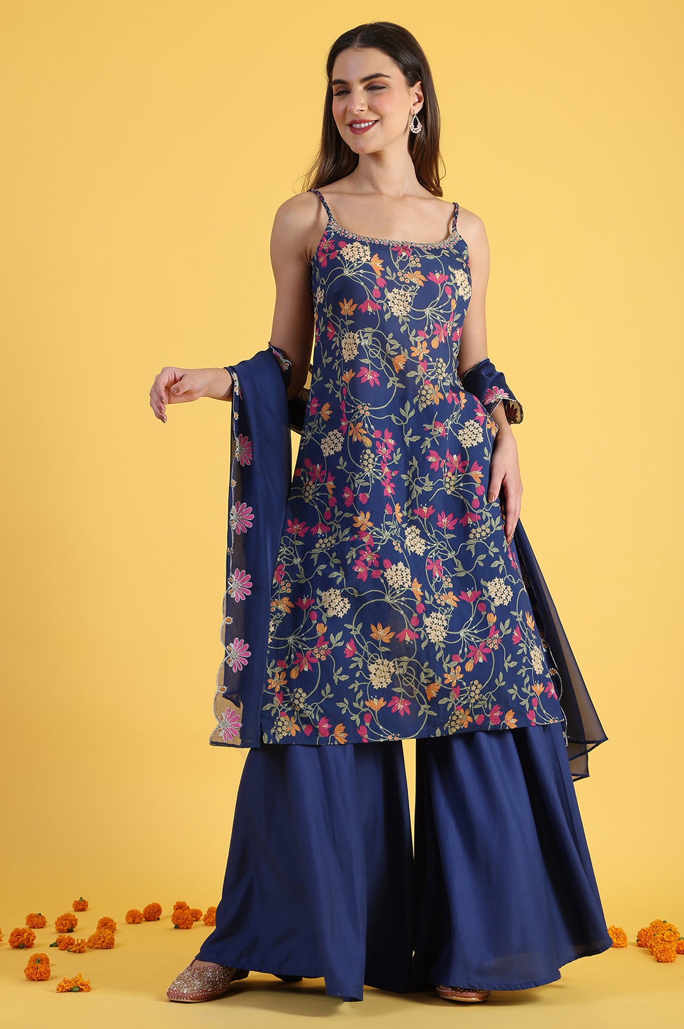 Blue Printed Metallic Embroidery Straight Kurta &amp; Sharara with Dupatta Set