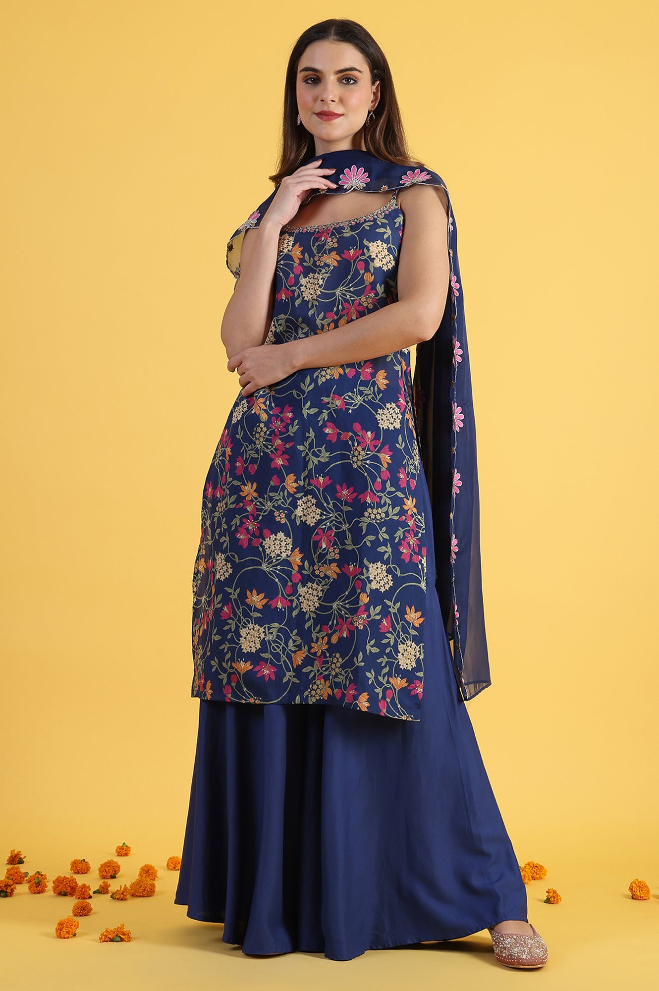 Blue Printed Metallic Embroidery Straight Kurta &amp; Sharara with Dupatta Set