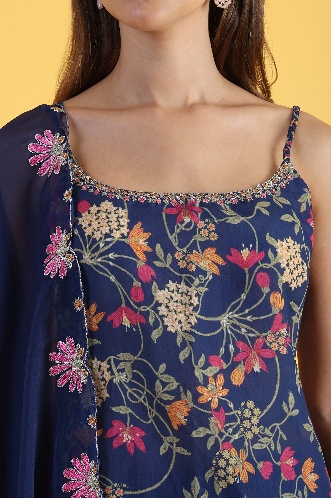 Blue Printed Metallic Embroidery Straight Kurta &amp; Sharara with Dupatta Set