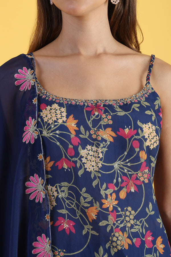 Blue Printed Metallic Embroidery Straight Kurta & Sharara with Dupatta Set