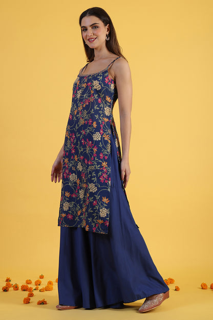 Blue Printed Metallic Embroidery Straight Kurta &amp; Sharara with Dupatta Set