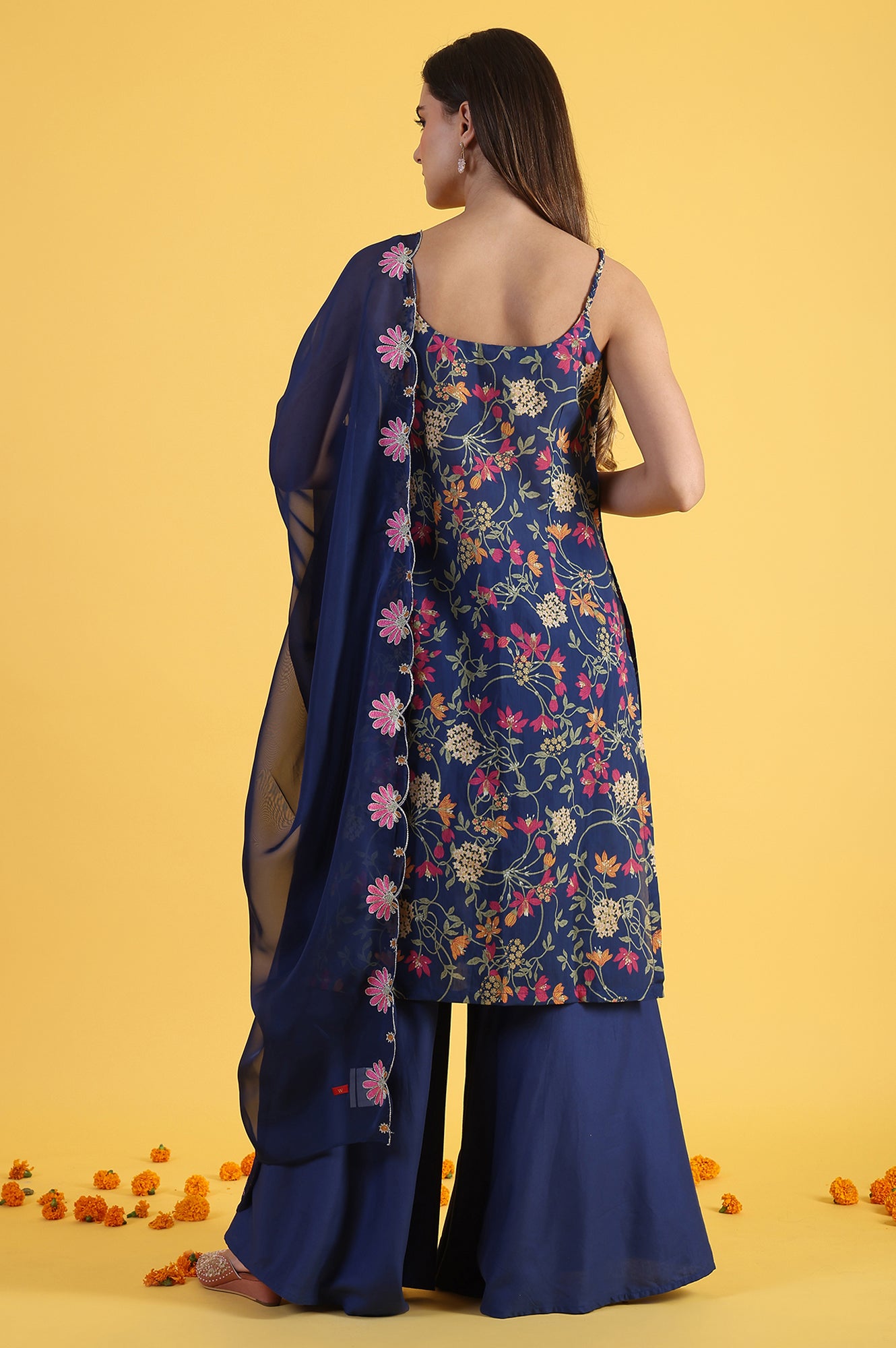 Blue Printed Metallic Embroidery Straight Kurta &amp; Sharara with Dupatta Set