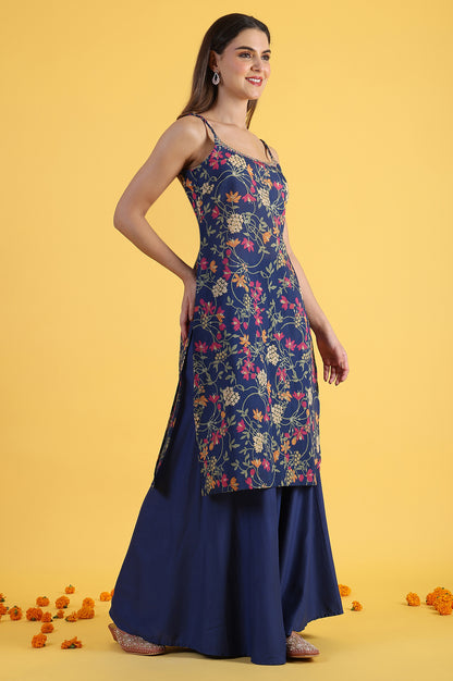 Blue Printed Metallic Embroidery Straight Kurta &amp; Sharara with Dupatta Set