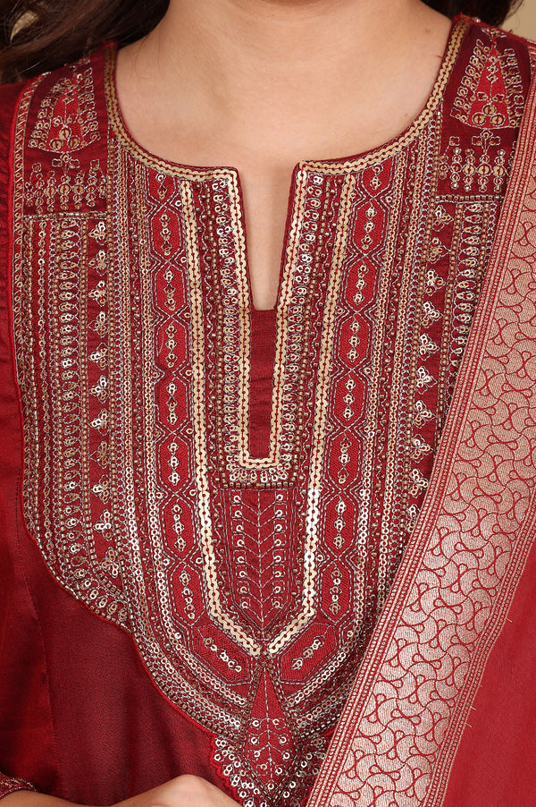 Red Embroidered Chanderi Flared Kurta, Slim Pants And Dupatta Set
