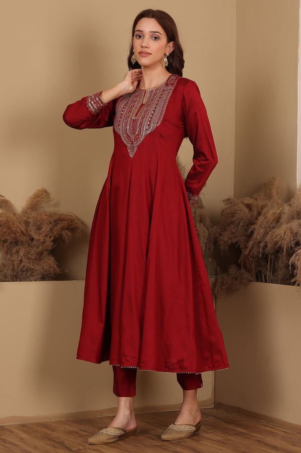 Red Embroidered Chanderi Flared Kurta, Slim Pants And Dupatta Set