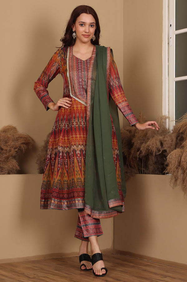 Mustard Yellow Ikkat Printed Embellished Organza Anarkali Kurta, Pants And Dupatta Set