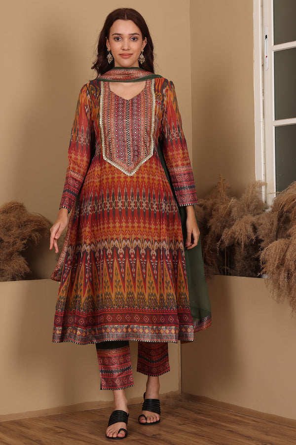 Mustard Yellow Ikkat Printed Embellished Organza Anarkali Kurta, Pants And Dupatta Set