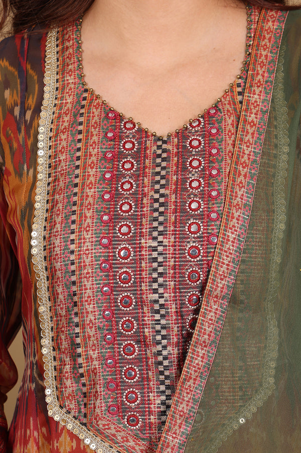 Mustard Yellow Ikkat Printed Embellished Organza Anarkali Kurta, Pants And Dupatta Set