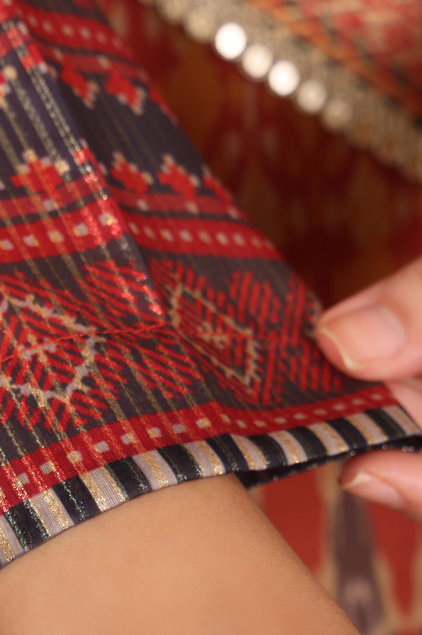 Mustard Yellow Ikkat Printed Embellished Organza Anarkali Kurta, Pants And Dupatta Set