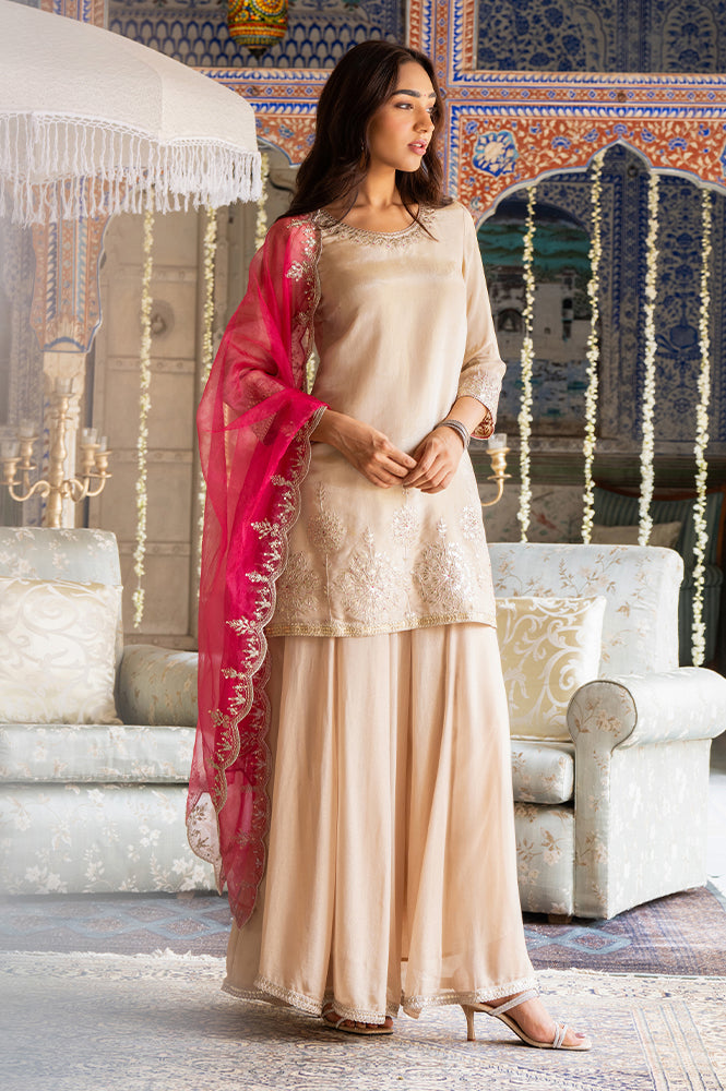 Gold Viscose Zari Embroidered Short Kurta, Flared Pants And Dupatta Set