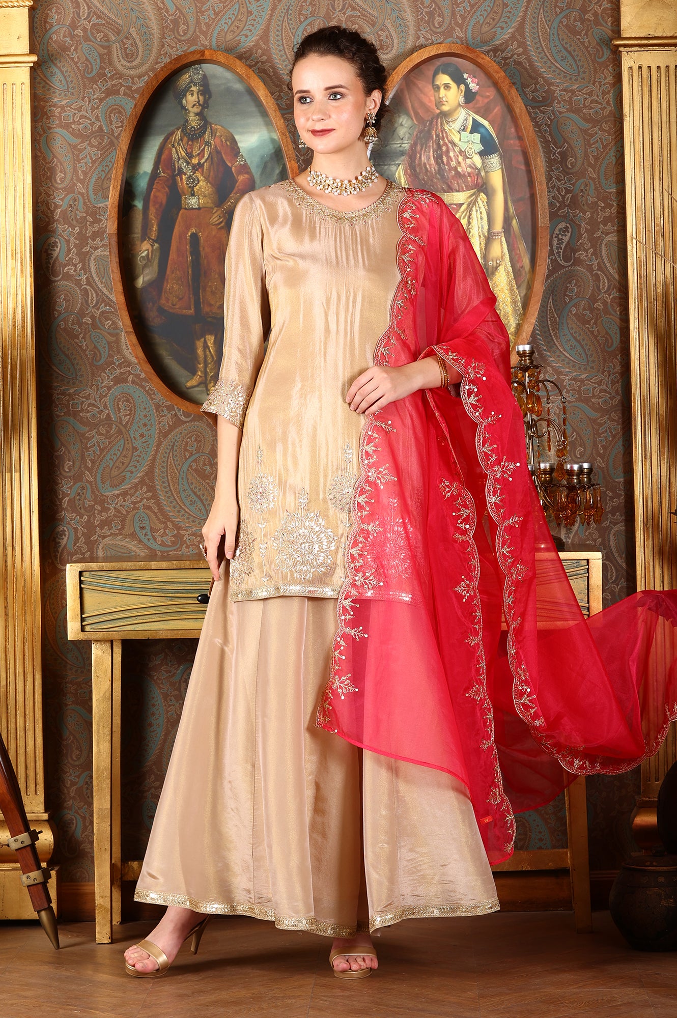 Gold Viscose Zari Embroidered Short Kurta, Flared Pants And Dupatta Set