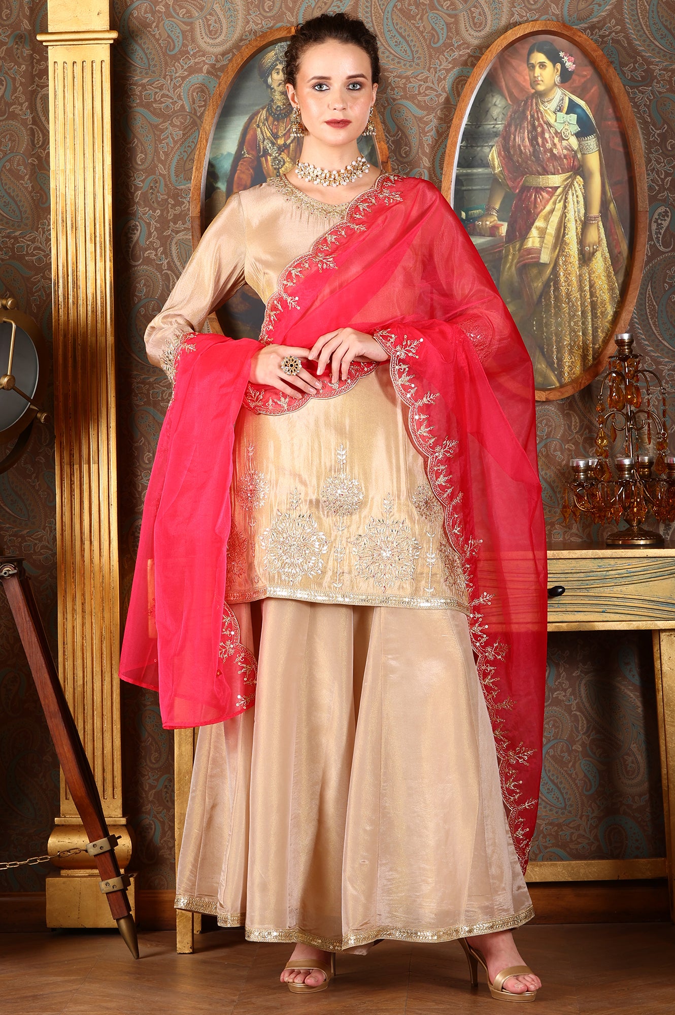 Gold Viscose Zari Embroidered Short Kurta, Flared Pants And Dupatta Set