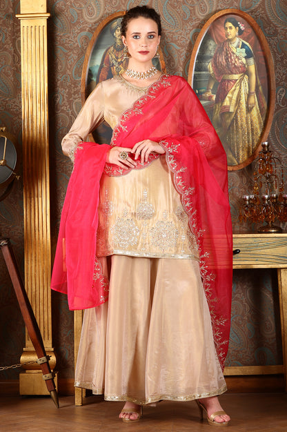 Gold Viscose Zari Embroidered Short Kurta, Flared Pants And Dupatta Set