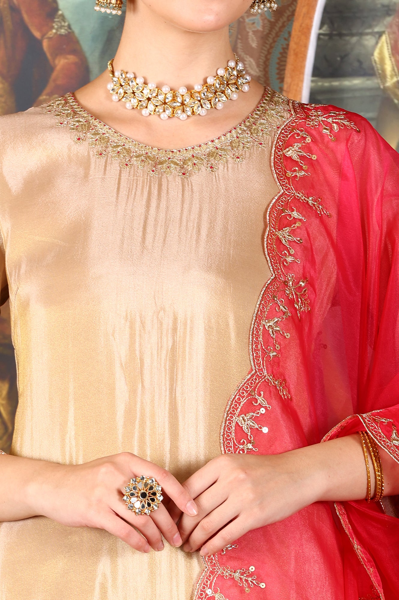 Gold Viscose Zari Embroidered Short Kurta, Flared Pants And Dupatta Set