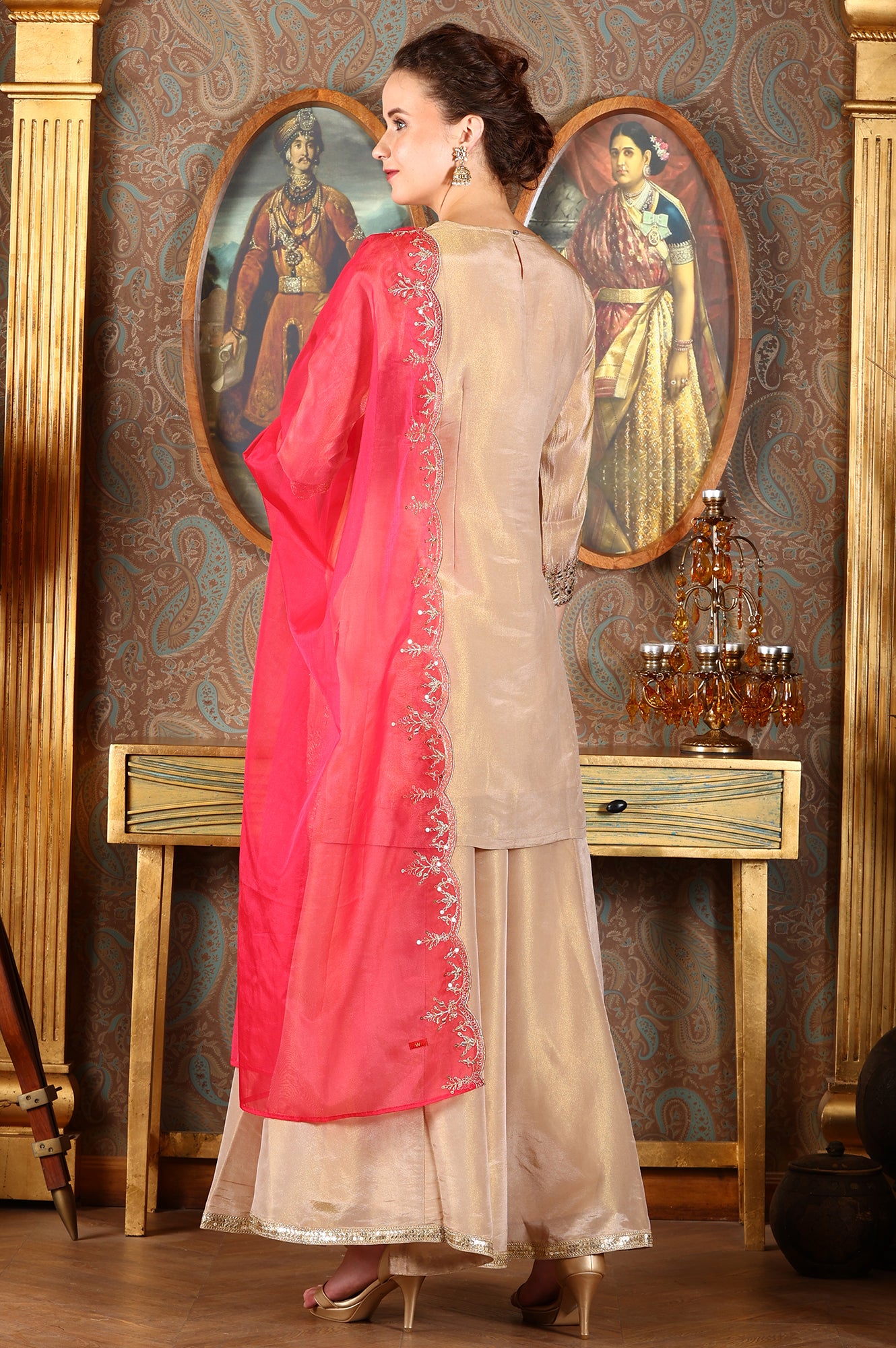 Gold Viscose Zari Embroidered Short Kurta, Flared Pants And Dupatta Set