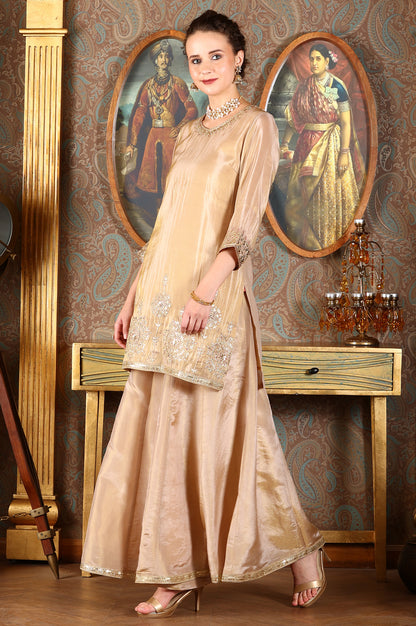 Gold Viscose Zari Embroidered Short Kurta, Flared Pants And Dupatta Set