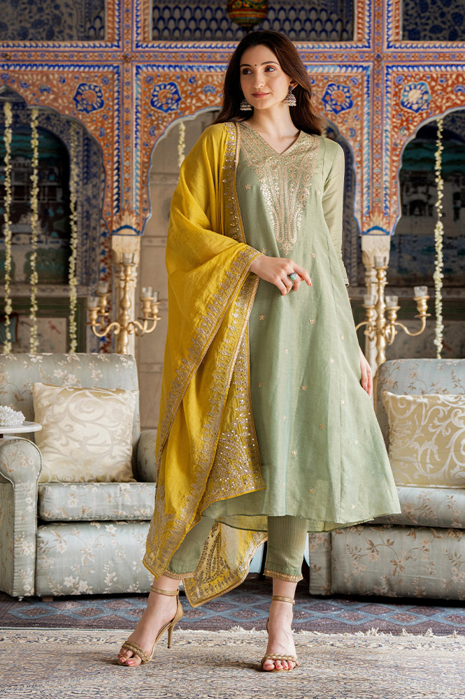 Green Metallic Embroidered Tissue Flared Kurta, Pants And Dupatta Set - XS