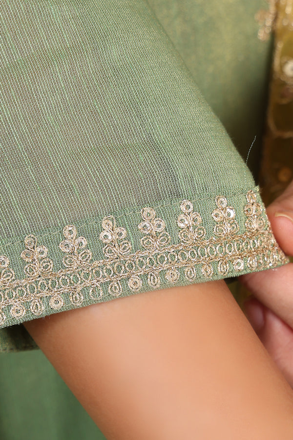 Green Metallic Embroidered Tissue Flared Kurta, Pants And Dupatta Set