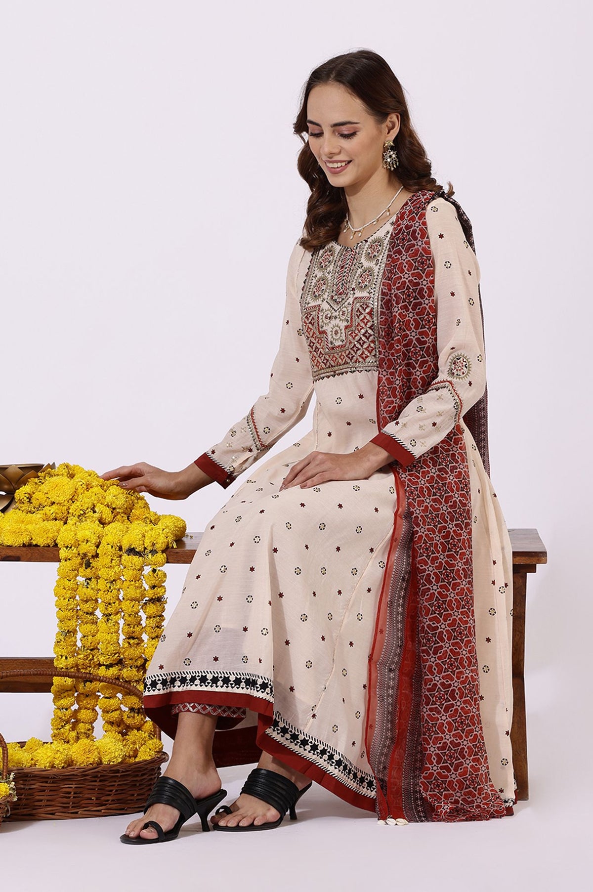 Beige Sequins Geometric Printed Chanderi Flared Kurta with Slim Pants and Dupatta Set