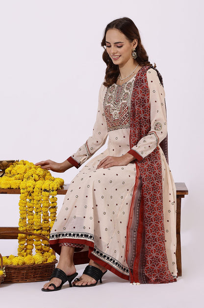 Beige Sequins Geometric Printed Chanderi Flared Kurta with Slim Pants and Dupatta Set