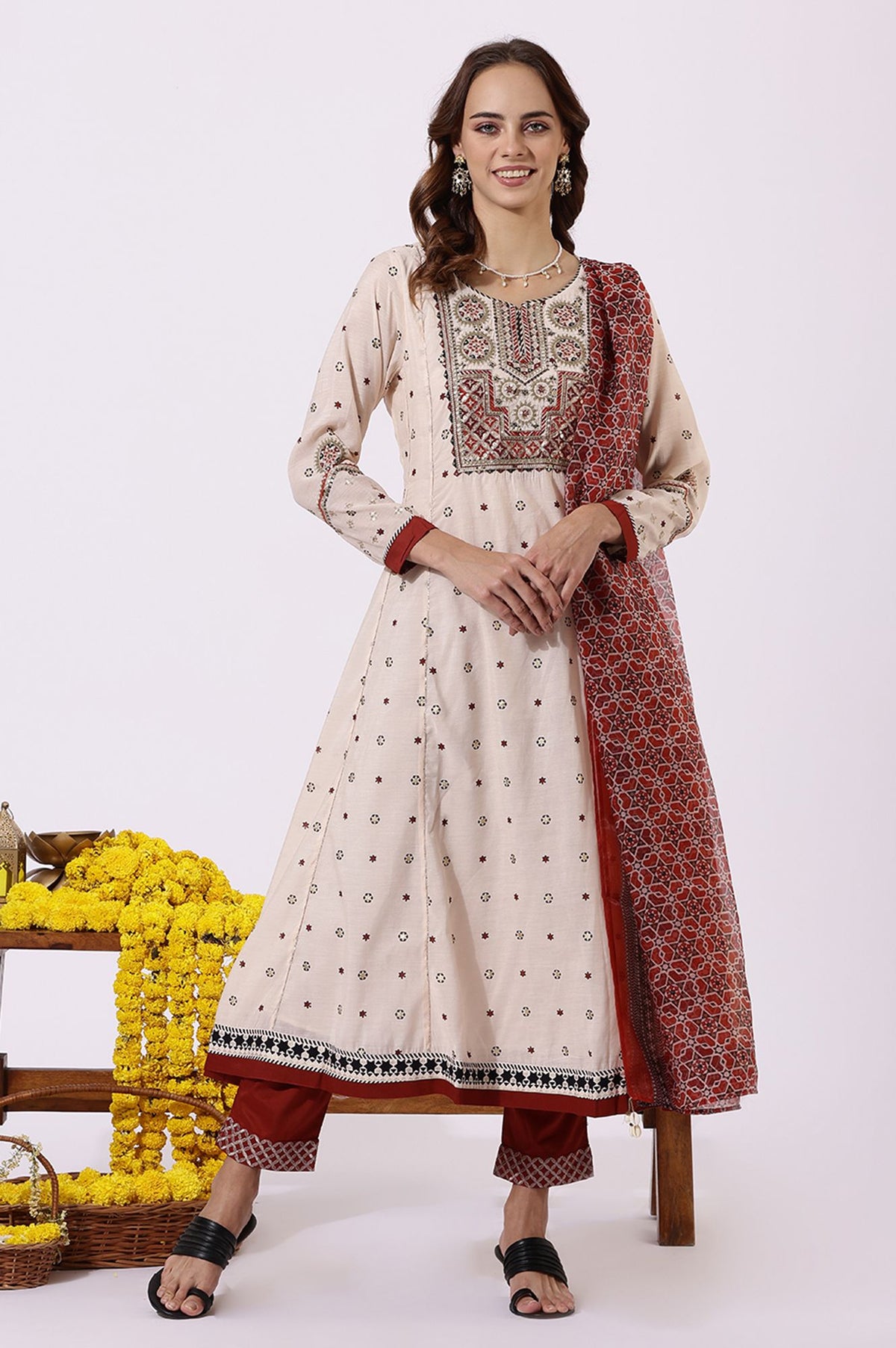 Beige Sequins Geometric Printed Chanderi Flared Kurta with Slim Pants and Dupatta Set