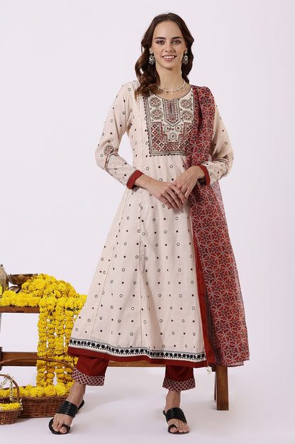 Beige Sequins Geometric Printed Chanderi Flared Kurta with Slim Pants and Dupatta Set