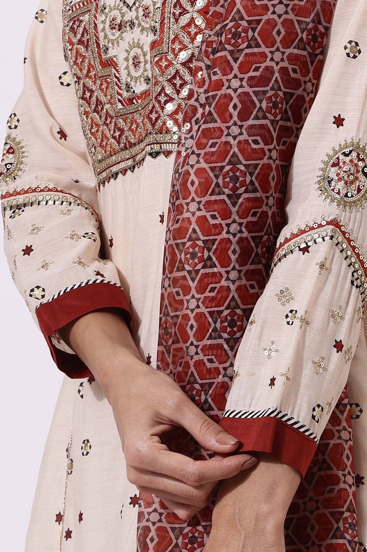 Beige Sequins Geometric Printed Chanderi Flared Kurta with Slim Pants and Dupatta Set