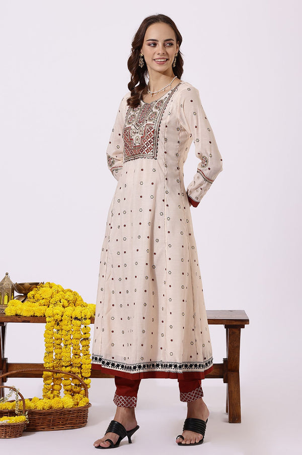 Beige Sequins Geometric Printed Chanderi Flared Kurta with Slim Pants and Dupatta Set