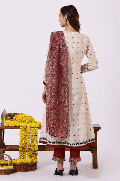 Beige Sequins Geometric Printed Chanderi Flared Kurta with Slim Pants and Dupatta Set
