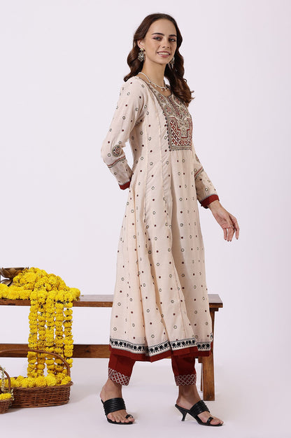 Beige Sequins Geometric Printed Chanderi Flared Kurta with Slim Pants and Dupatta Set
