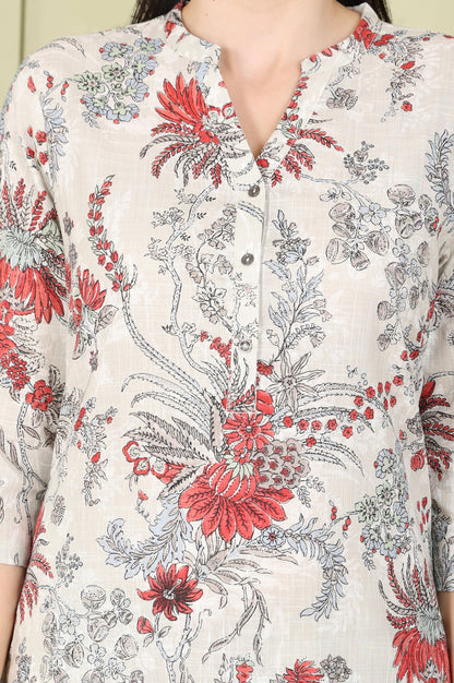 White Floral Printed Pure Cotton Straight Kurta And Pants Set - wforwoman