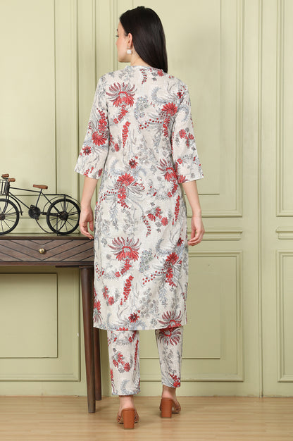 White Floral Printed Pure Cotton Straight Kurta And Pants Set - wforwoman