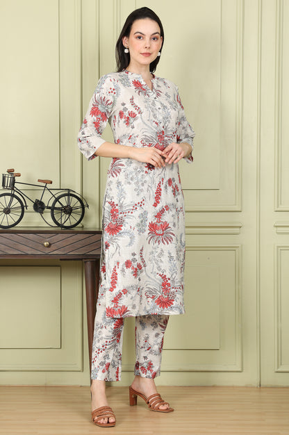 White Floral Printed Pure Cotton Straight Kurta And Pants Set - wforwoman