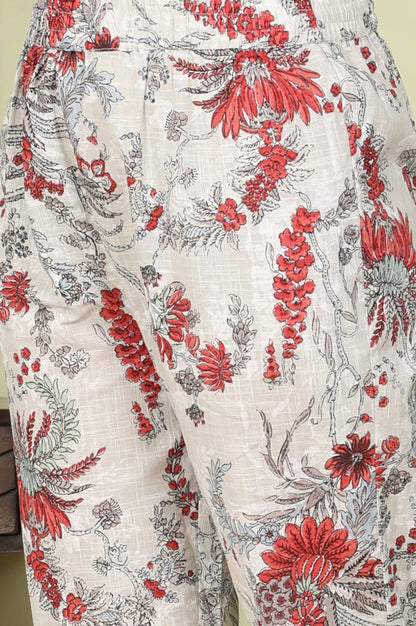 White Floral Printed Pure Cotton Straight Kurta And Pants Set