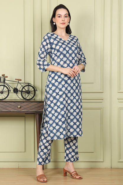 Blue Floral Printed Cotton Blend Straight Kurta And Pants Co-Ord Set - wforwoman