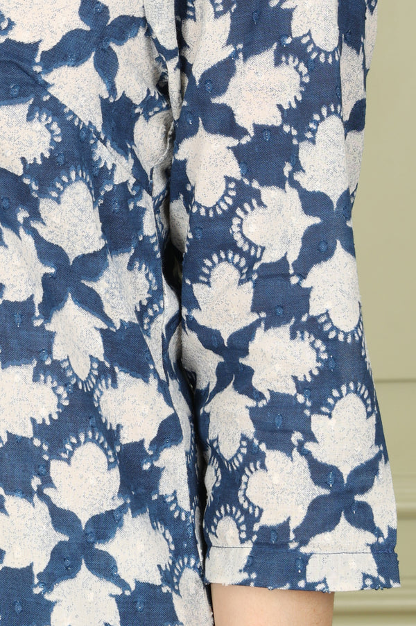 Blue Floral Printed Cotton Blend Straight Kurta And Pants Co-Ord Set
