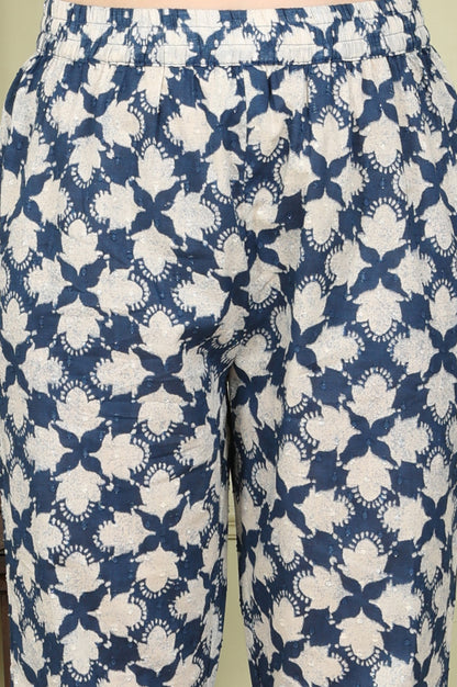 Blue Floral Printed Cotton Blend Straight Kurta And Pants Co-Ord Set
