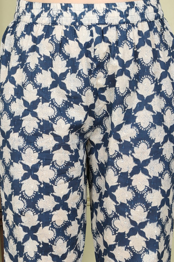 Blue Floral Printed Cotton Blend Straight Kurta And Pants Co-Ord Set
