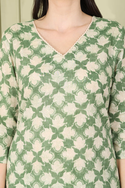 Olive Green Floral Printed Cotton Blend Straight Kurta And Pants Co-Ord Set - wforwoman
